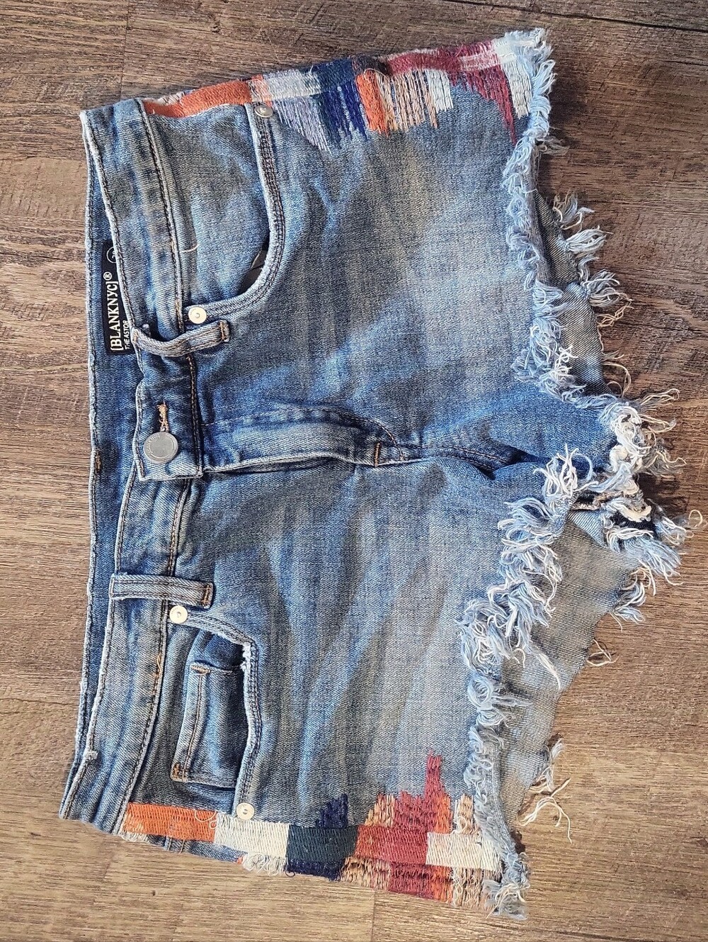 Blank NYC Blue Denim Frayed Patchwork Shorts